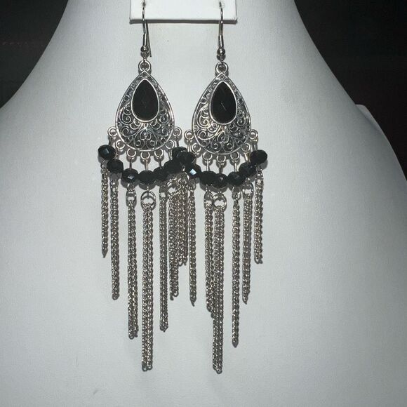 Silver Tone and Black Bead Long Boho Earrings - Picture 1 of 7